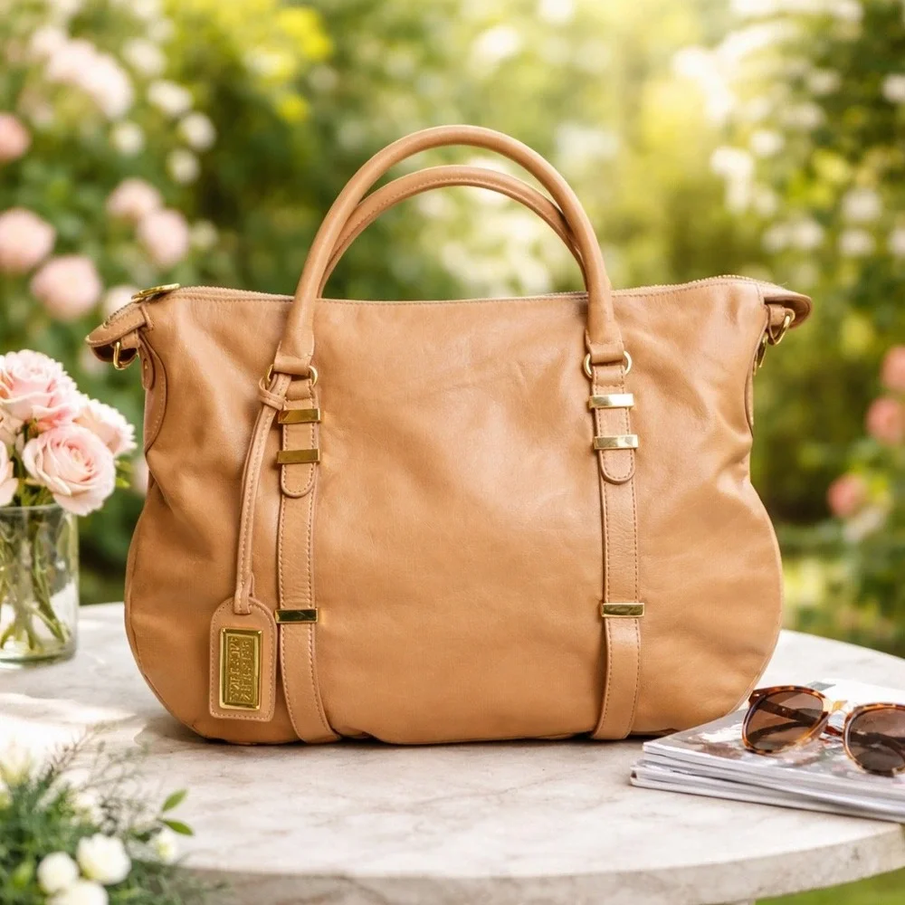 Badgley Mischka Tan Leather Satchel Handbag Gold Hardware Top Handle Bag